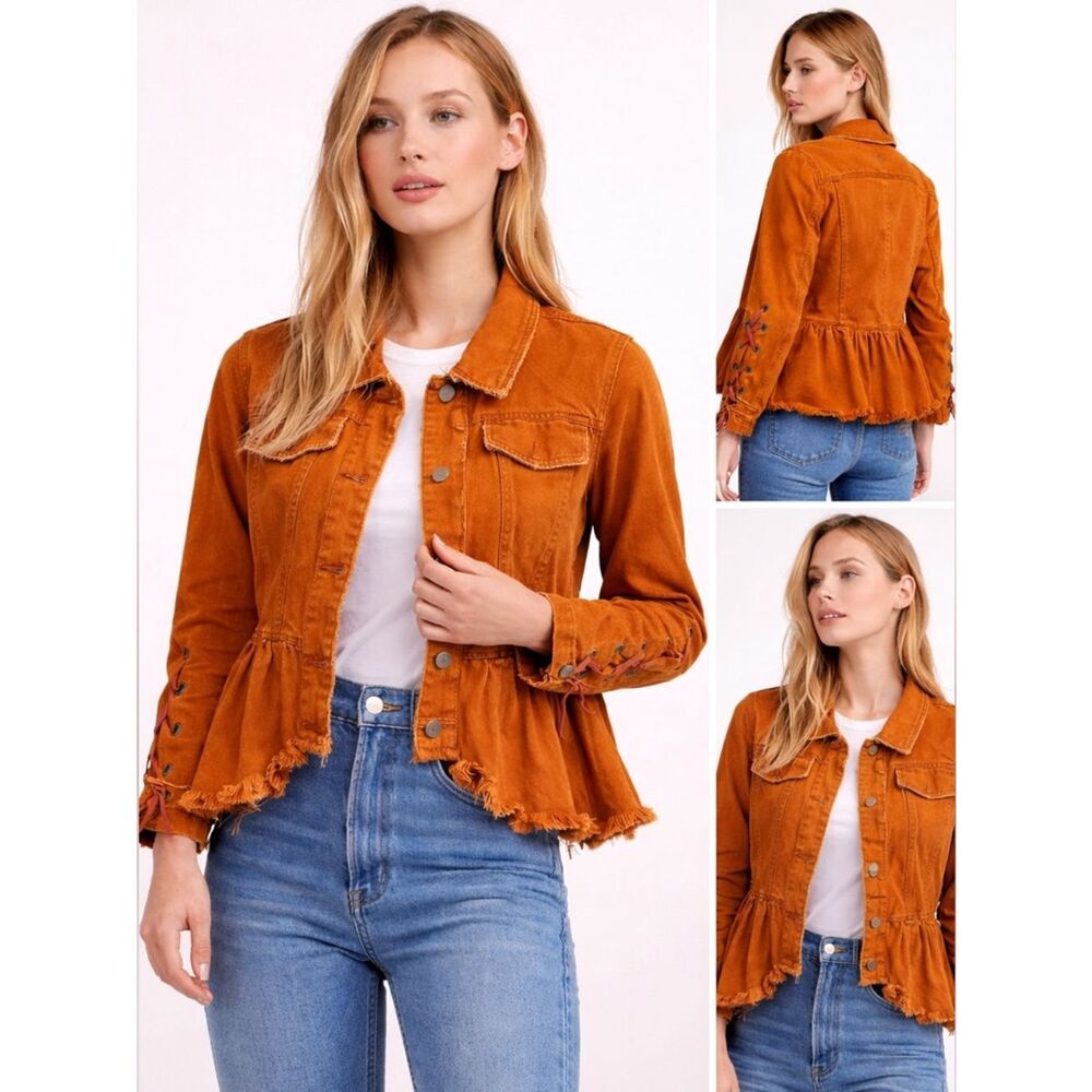 Free People Willow Ruffled Denim Jacket Boho Lace-Up Sleeve Cotton